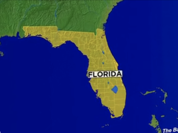 Section of map highlighting the state of Florida.