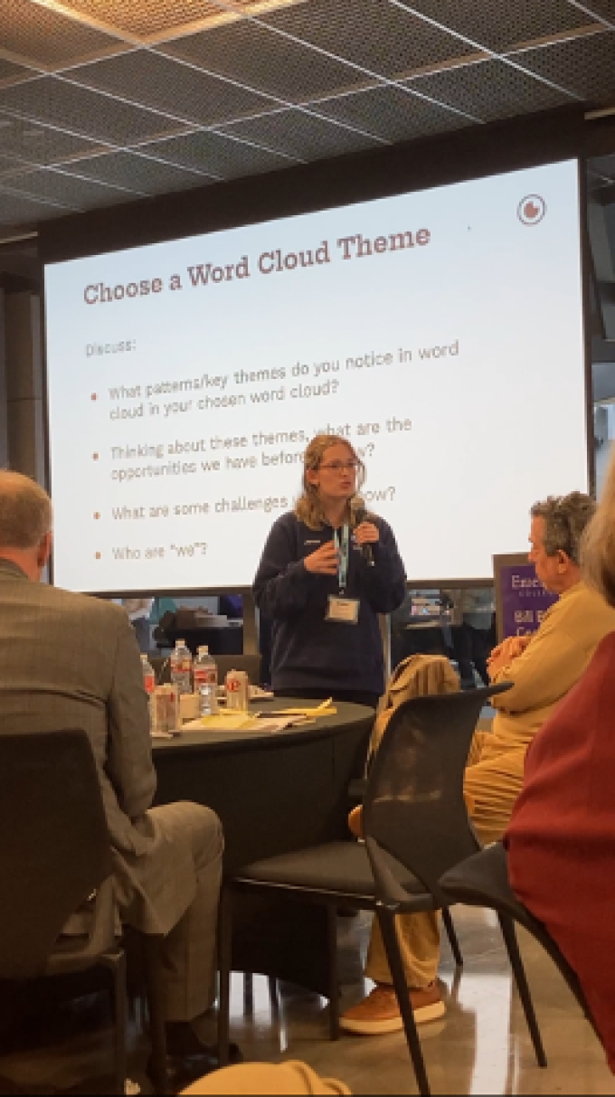 Jenna holds microphone, speaks to a seated audience, stands in front of a projection screen with a discussion prompt.