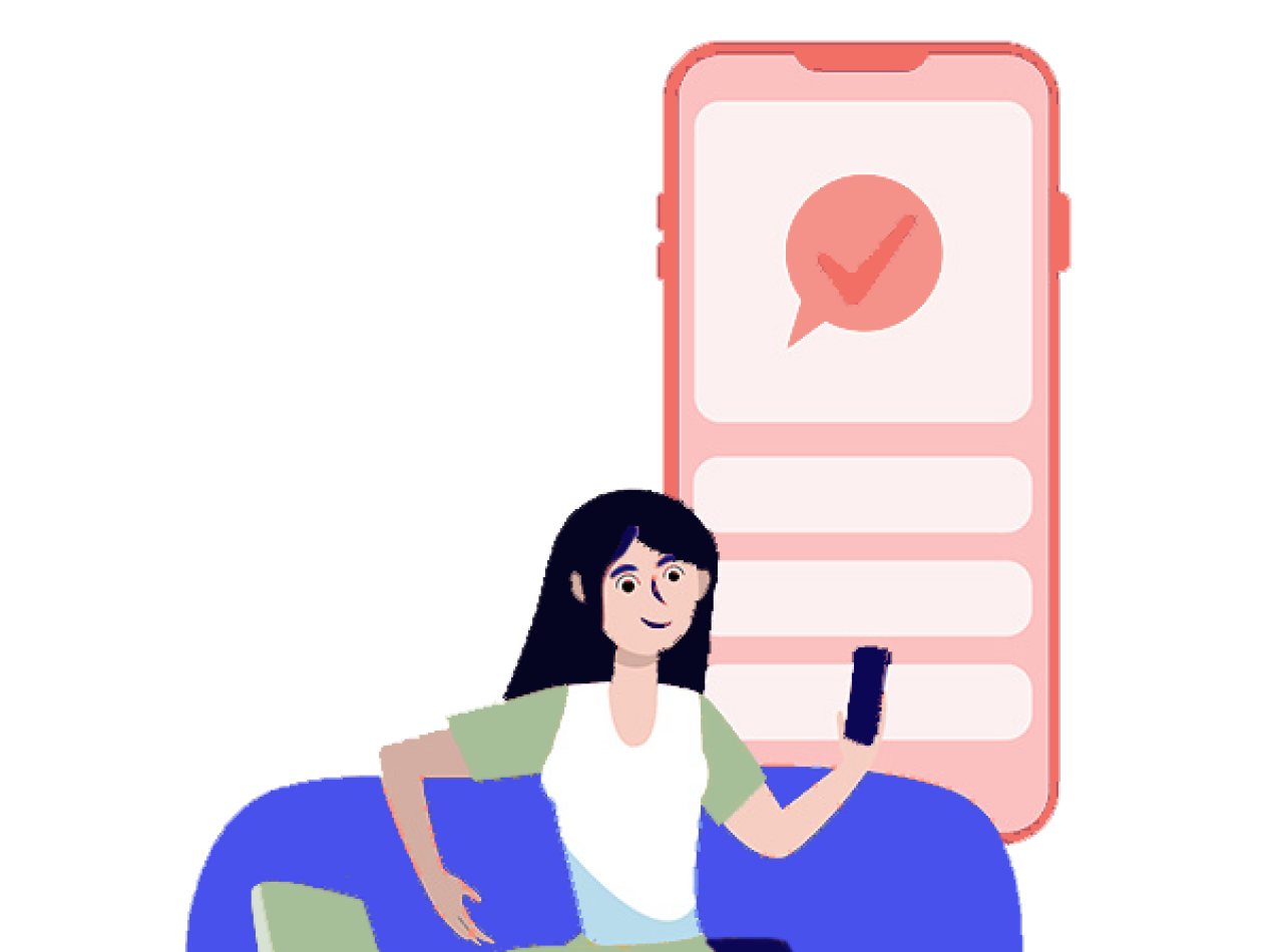woman holding phone with heart emoji above head. silhouettes of users and five star expressions.