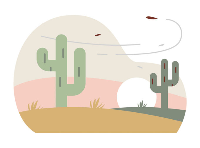 two cacti and wind in desert with sun low on horizon