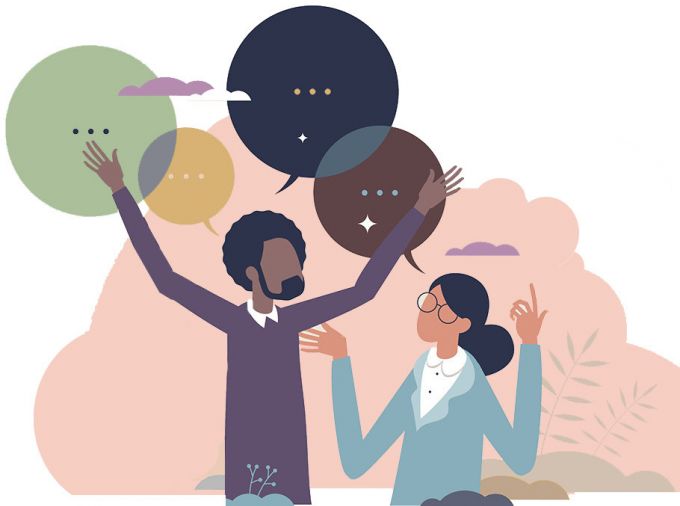 flat illustration of man and woman with conversation bubbles above their heads.