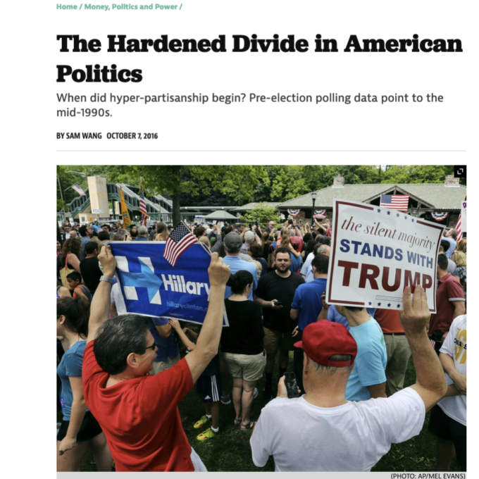 "The Hardened Divide in American Politics" and image of Clinton and Trump campaigners holding candidate signs.