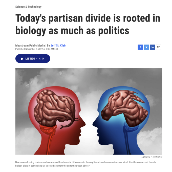 "Today's partisan divide is rooted in biology as much as politics" with red and blue cross-sections of human brain.