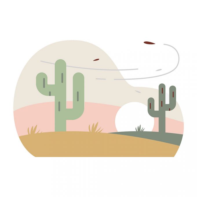 two cacti and wind in desert with sun low on horizon