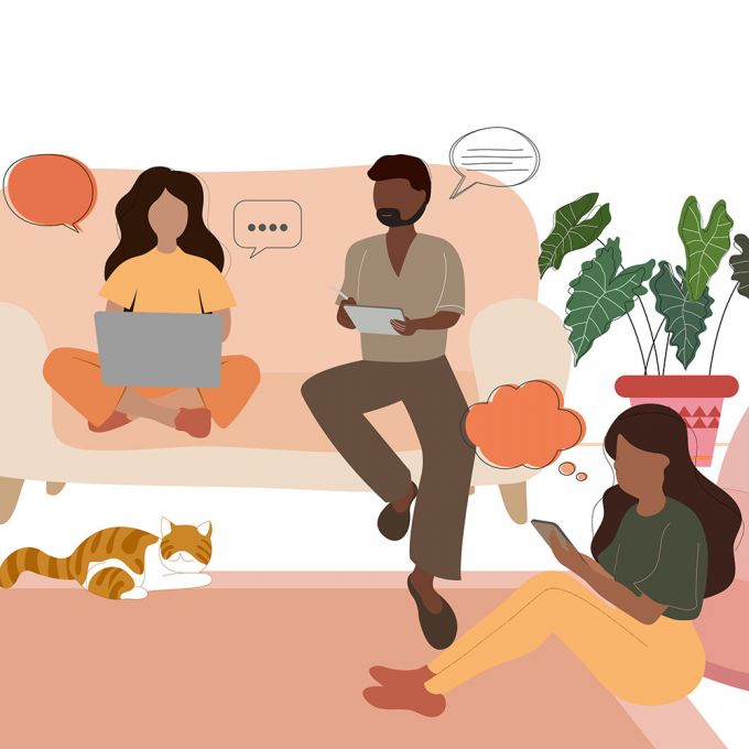 three people in living room communicating with laptop and phones