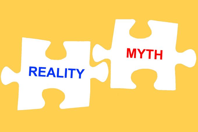 two white puzzle pieces on yellow background. One has word "REALITY" written across it and the other has the word "MYTH"