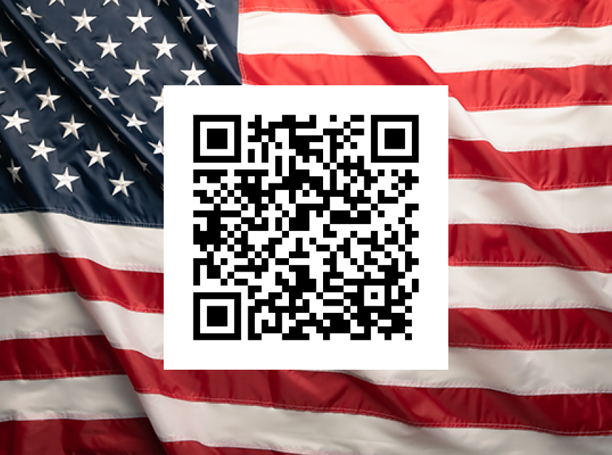 QR code for survey with American flag in background.