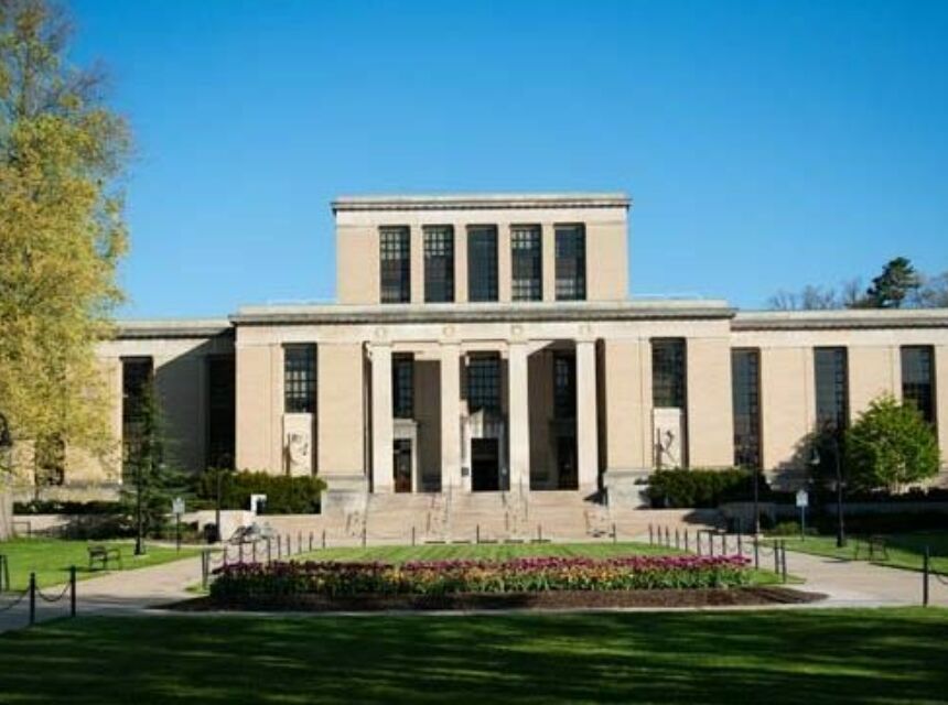 Pattee Library facade on a spring day