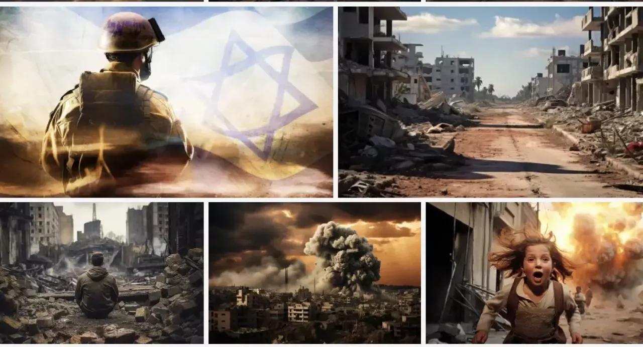 Collage of five photo-realistic AI-generated Adobe Stock images of wartime destruction, smoke, explosions, rubble, soldiers, civilians, terrified child.