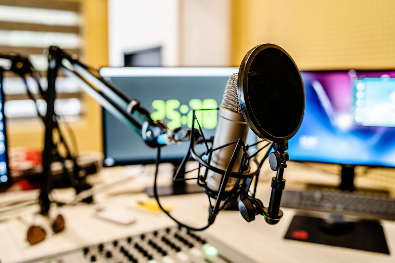 microphone and equipment in radio broadcast room