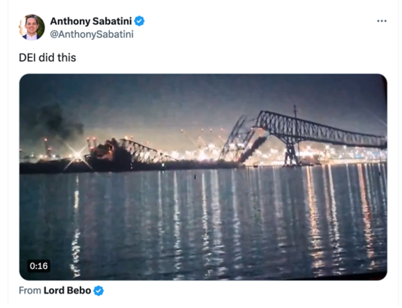 Anthony Sabatini post reads, "DEI did this" above a video clip of bridge collapse.