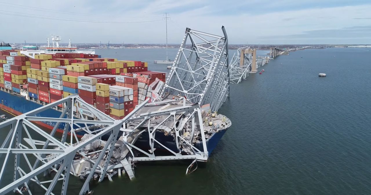 NTSB drone image of Francis Scott Key Bridge and Cargo Ship Dali