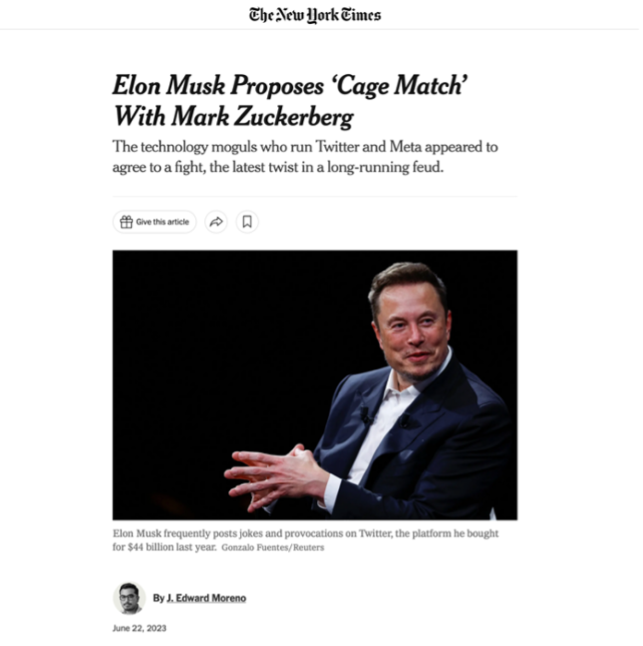 Screenshot of New York Times online article titled "Elon Musk Proposes 'Cage Match' With Mark Zuckerberg.'