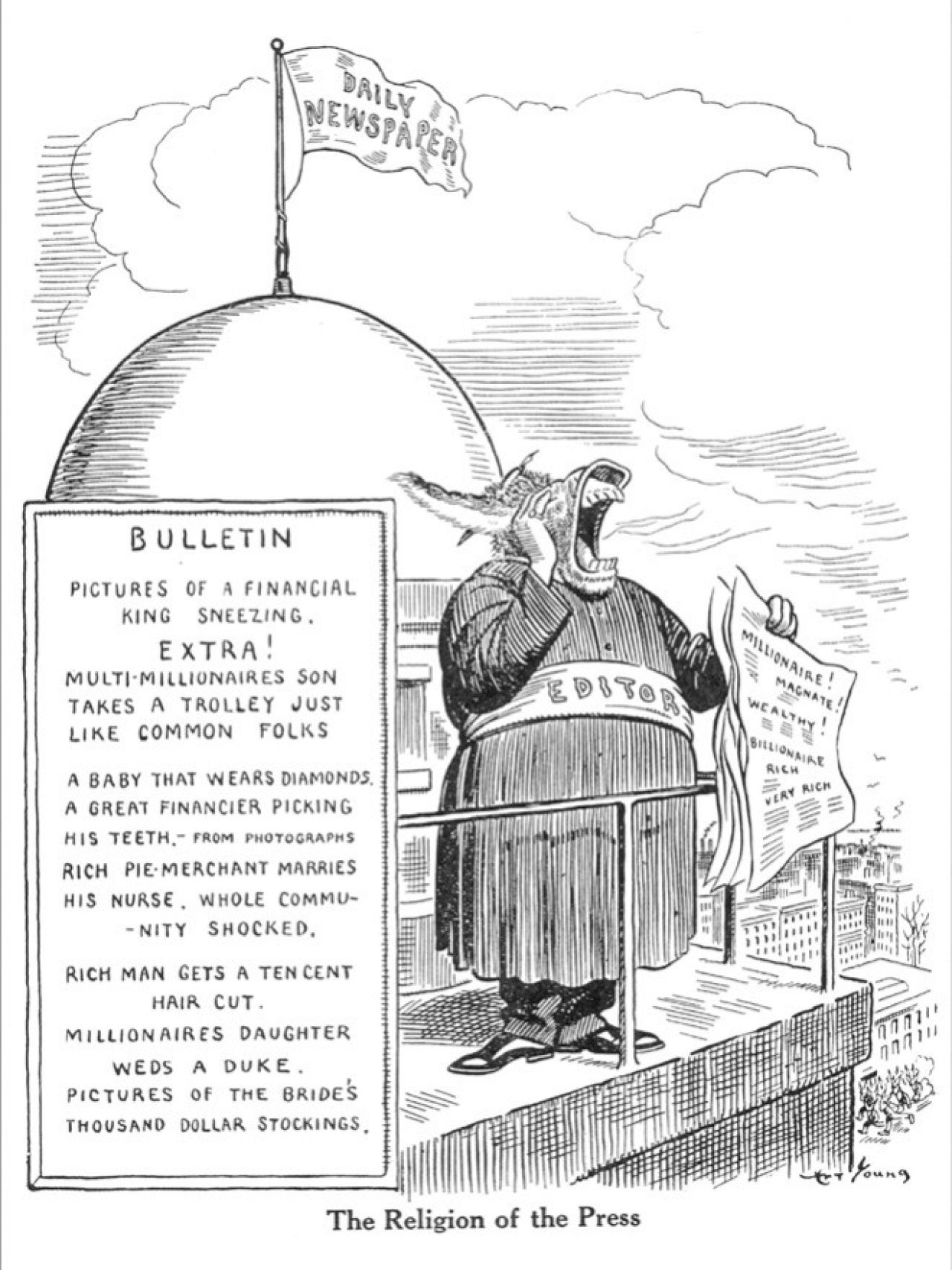 1920 political cartoon drawn by Art Young depicts braying donkey labeled "Editor" screaming headlines from the roof of "The Daily Newspaper."