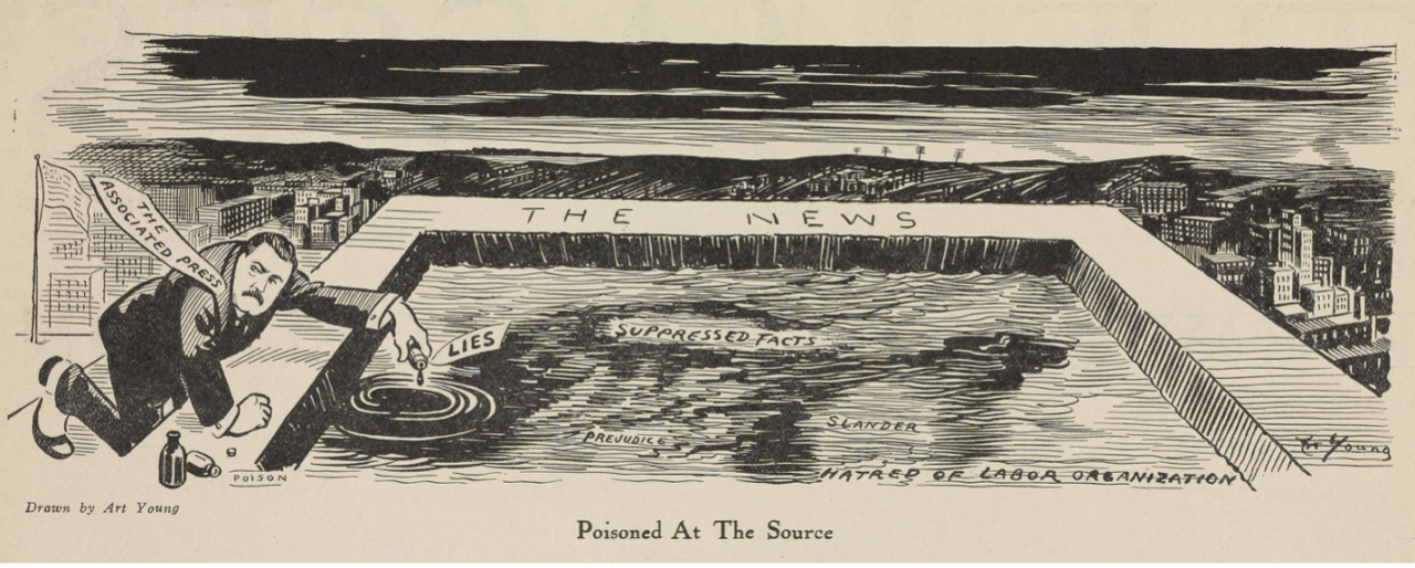 1912 political cartoon illustrates the personification of the Associated Press putting liquid lies into a water reservoir that is labeled "the News," perched above an American city and farm fields..