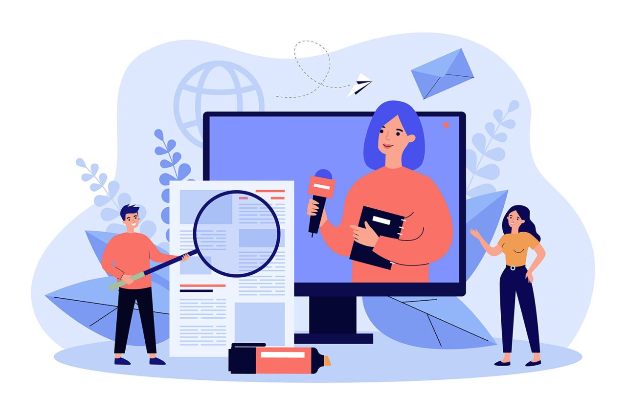 multimedia news sources, reporter, person with magnifying glass