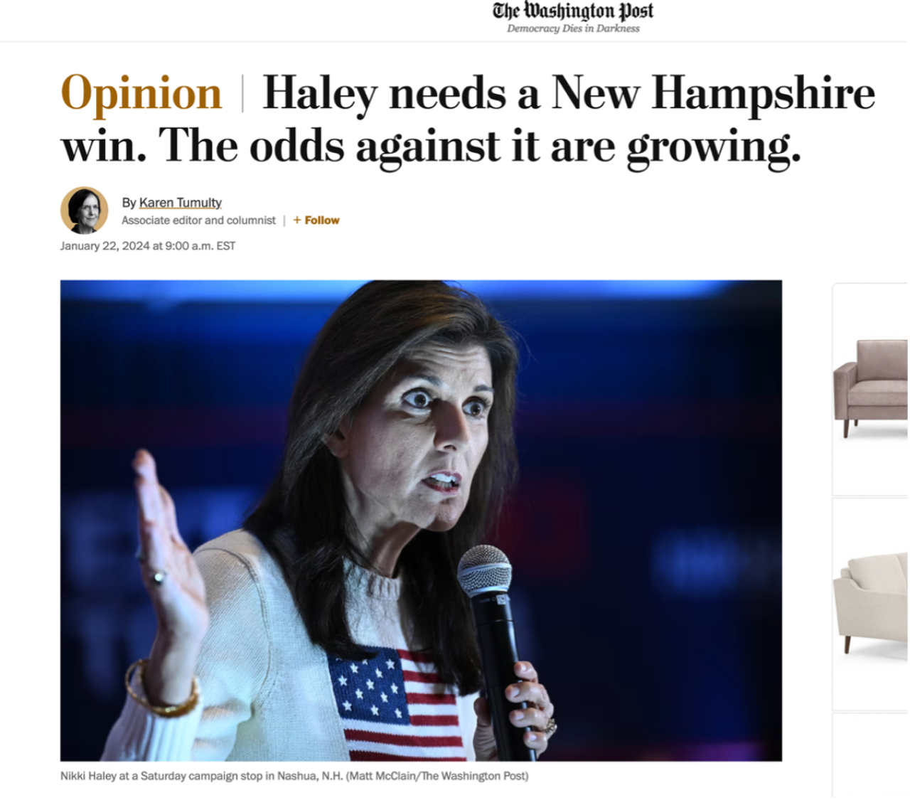 Washington Post Opinion piece titled "Haley needs a New Hampshire win. The odds against it are growing." by Karen Tumulty Jan 22, 2024.