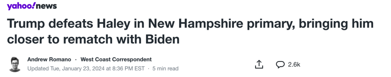 yahoo!news headline reads, "Trump defeats Haley in New Hampshire primary, bringing him closer to rematch with Biden," by Andrew Romano, January 23, 2024.