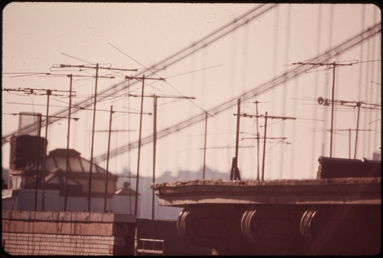 Photograph of rooftop television antennae from 1973.