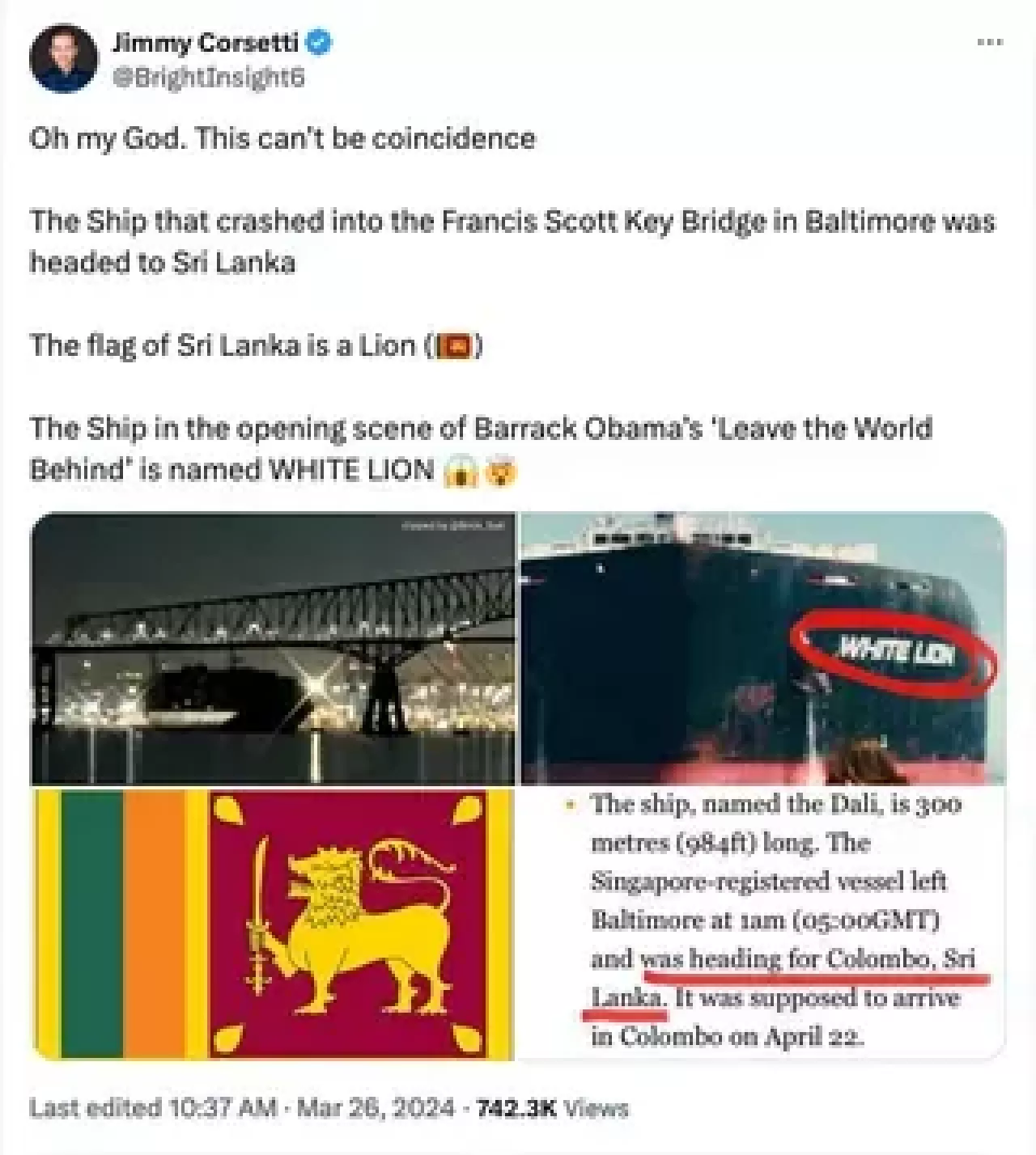 Jimmy Corsetti post draws a tenuous connection between the bridge collapse and Obama film.
