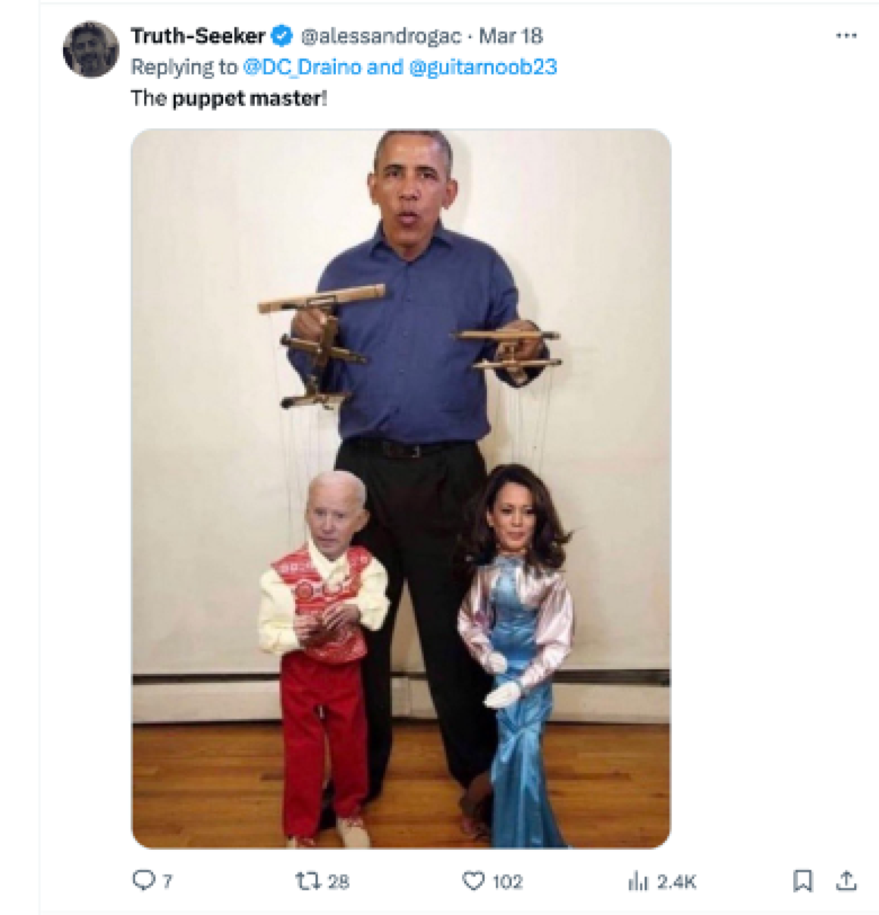 Post that shows photoshopped Obama as puppet master of Biden and Harris.