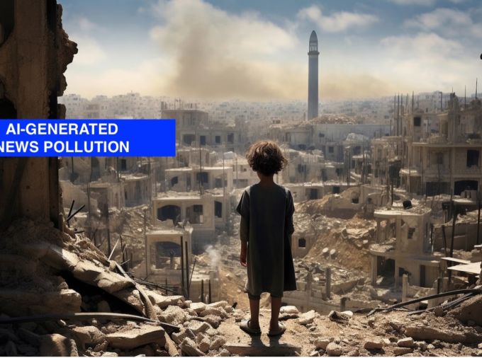 Photo-realistic AI image of child standing amid rubble of bombed buildings in a vaguely Middle Eastern city, smoke billowing. "AI-Generated News Pollution"