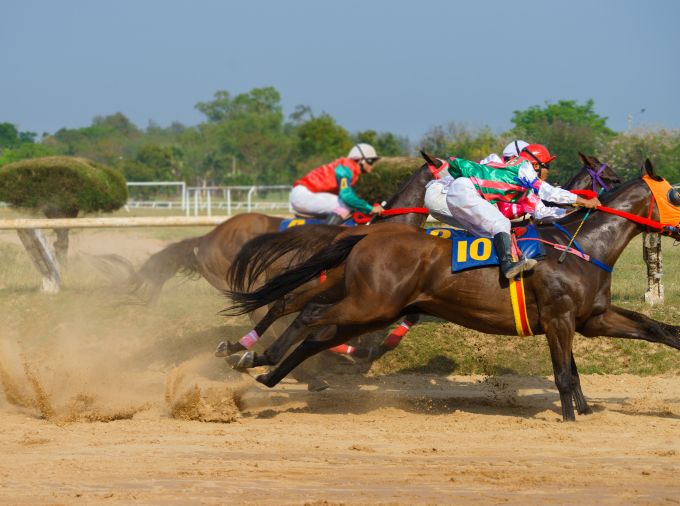 Jockeys in colorful jerseys racing brown horses, close together and dust cloud behind horses' hooves.