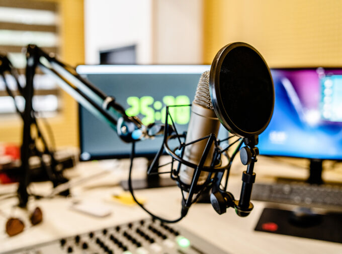 microphone and equipment in radio broadcast room