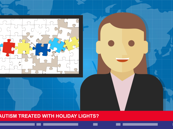 Flat illustration of female TV news anchor seated in front of screen with colorful puzzle pieces used as the Autism symbol and a lower third that reads "Autism Treated with Holiday Lights?"