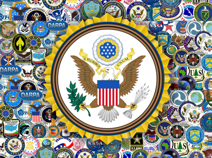 collage of U.S. Federal Government seals with large Great Seal in center.