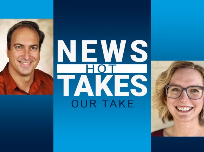 portraits of Matt Jordan and Leah Dajches, hosts of News Over Noise with words "News Hot Takes Our Take."
