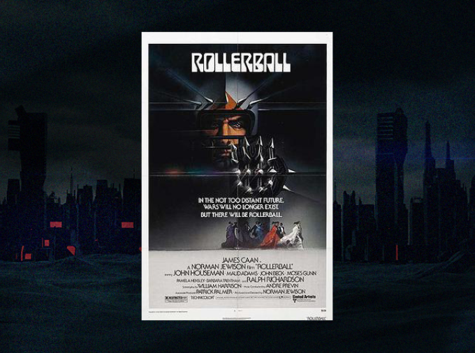 Movie poster for "Rollerball" with dark dystopian cityscape in the background.