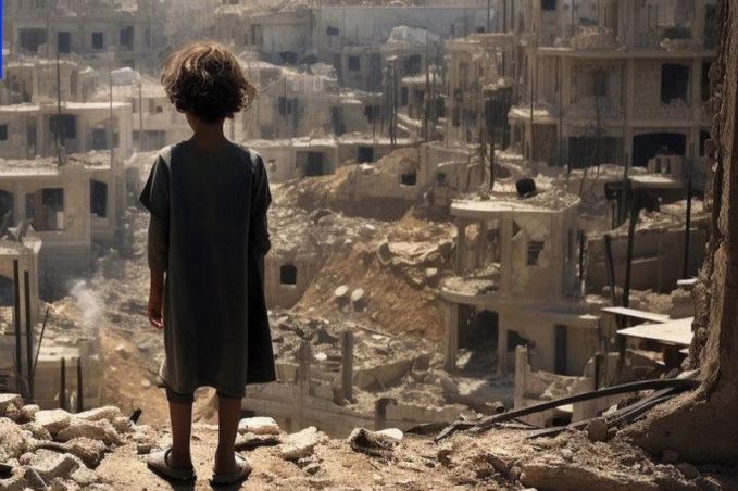 Detail of Photo-realistic AI image of child standing amid rubble of bombed buildings in a vaguely Middle Eastern city, smoke billowing. "AI-Generated News Pollution"
