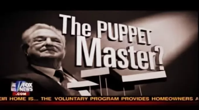 Fox News image with dramatically lit sepia-toned graphic of George Soros with text, "The Puppet Master?"