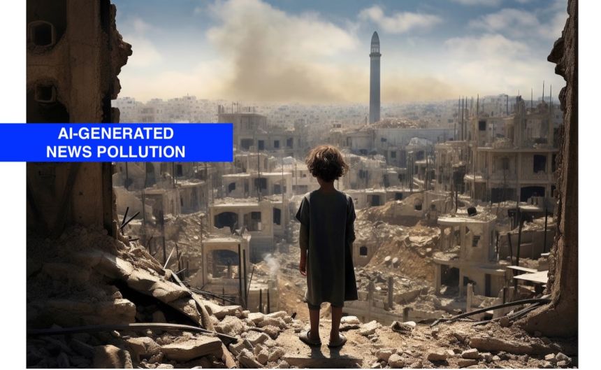 Photo-realistic AI image of child standing amid rubble of bombed buildings in a vaguely Middle Eastern city, smoke billowing. "AI-Generated News Pollution"