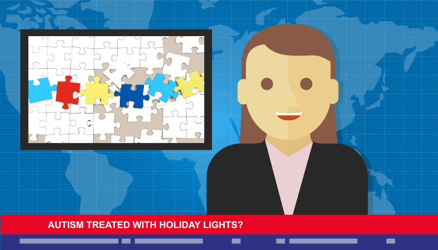 Flat illustration of female TV news anchor seated in front of screen with colorful puzzle pieces used as the Autism symbol and a lower third that reads "Autism Treated with Holiday Lights?"