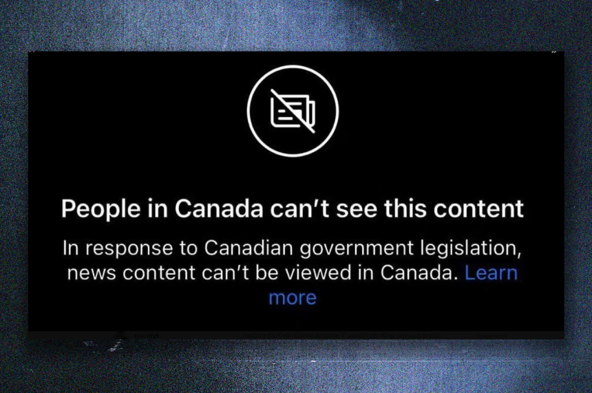 Blocked news icon and text "People in Canada can't see this content. In response to Canadian government legislation, news content can't be viewed in Canada. Learn more"