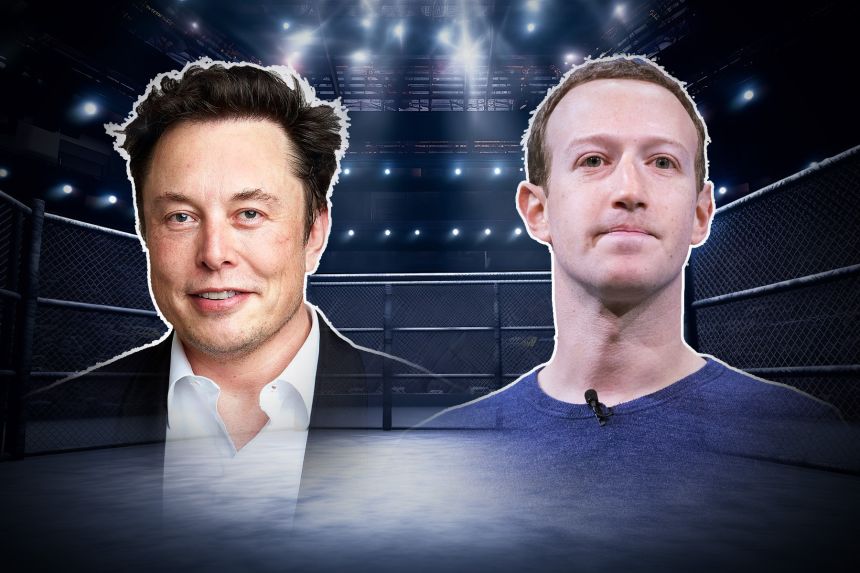 side-by-side portraits of Elon Musk and Mark Zuckerberg superimposed over a cage match arena with spotlights.