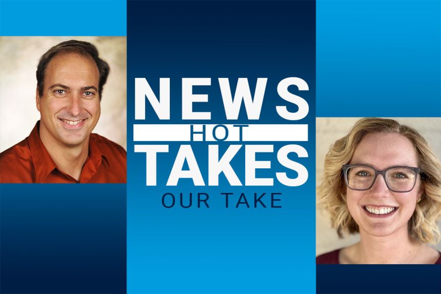 portraits of Matt Jordan and Leah Dajches, hosts of News Over Noise with words "News Hot Takes Our Take."