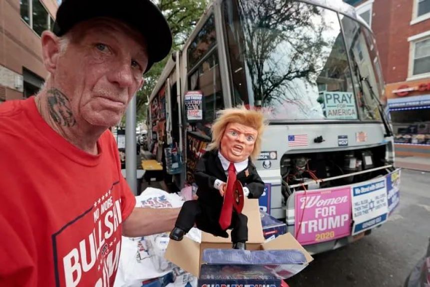 Marc Conger of Old Bridge, N.J., packs up “Charley Trump” and other Trump items for sale outside of the Donald Trump campaign rally the Liacouras Center at Temple University last month.