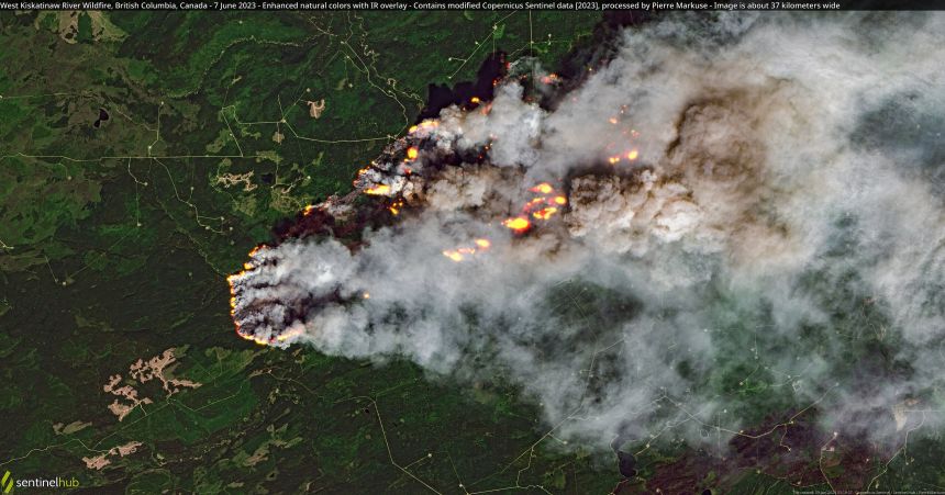 modified satellite image of flames and billowing smoke among a green forest landWest Kiskatinaw River Wildfire, British Columbia, Canada - 7 June 2023.