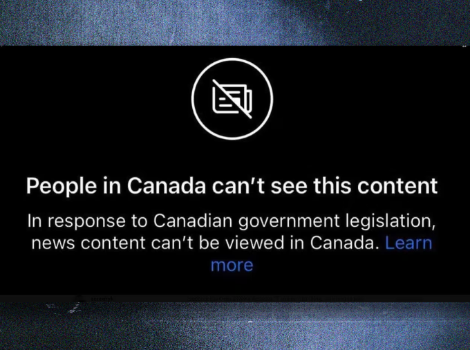 Blocked news icon and text "People in Canada can't see this content. In response to Canadian government legislation, news content can't be viewed in Canada. Learn more"