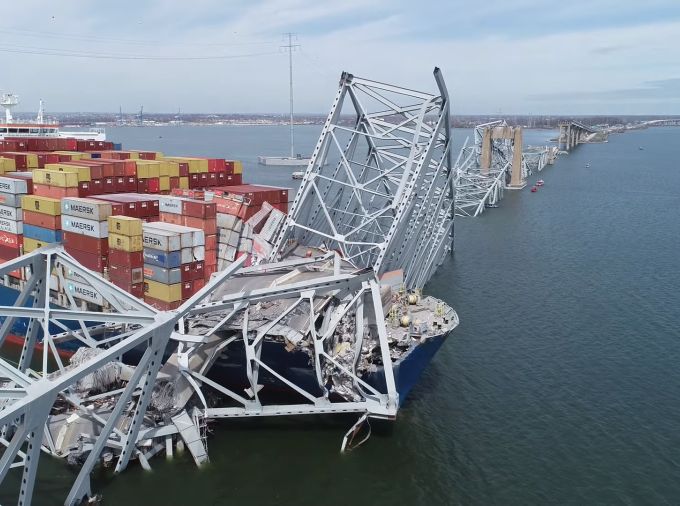 NTSB drone image of Francis Scott Key Bridge and Cargo Ship Dali