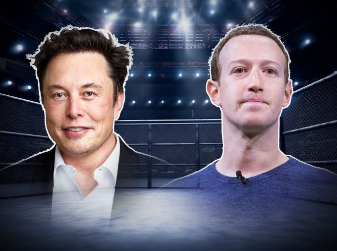 side-by-side portraits of Elon Musk and Mark Zuckerberg superimposed over a cage match arena with spotlights.