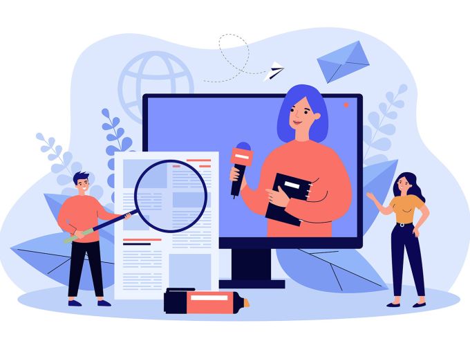 multimedia news sources, reporter, person with magnifying glass