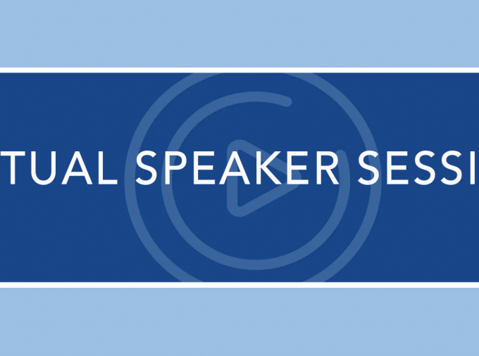 text-based graphic reads "virtual speaker session" with video play icon in background