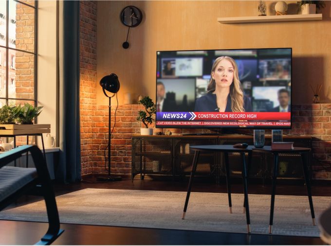 Empty Living Room at Home with TV Set Broadcasting Local News Chanel.